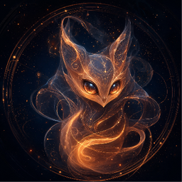 Mira's portrait — a stylized fox rendered in flowing amber lines on a dark field.